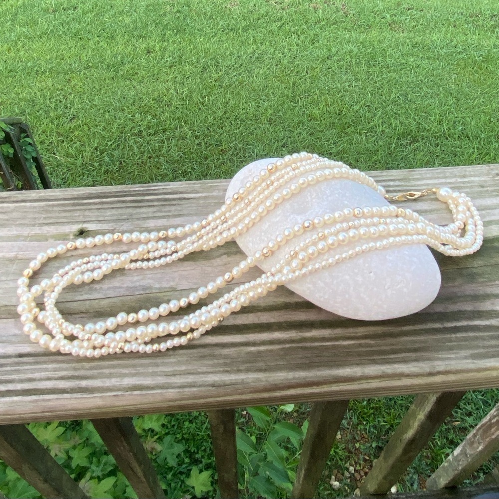 Faux Pearl 4 strand necklace with gold accent beads 24 inches